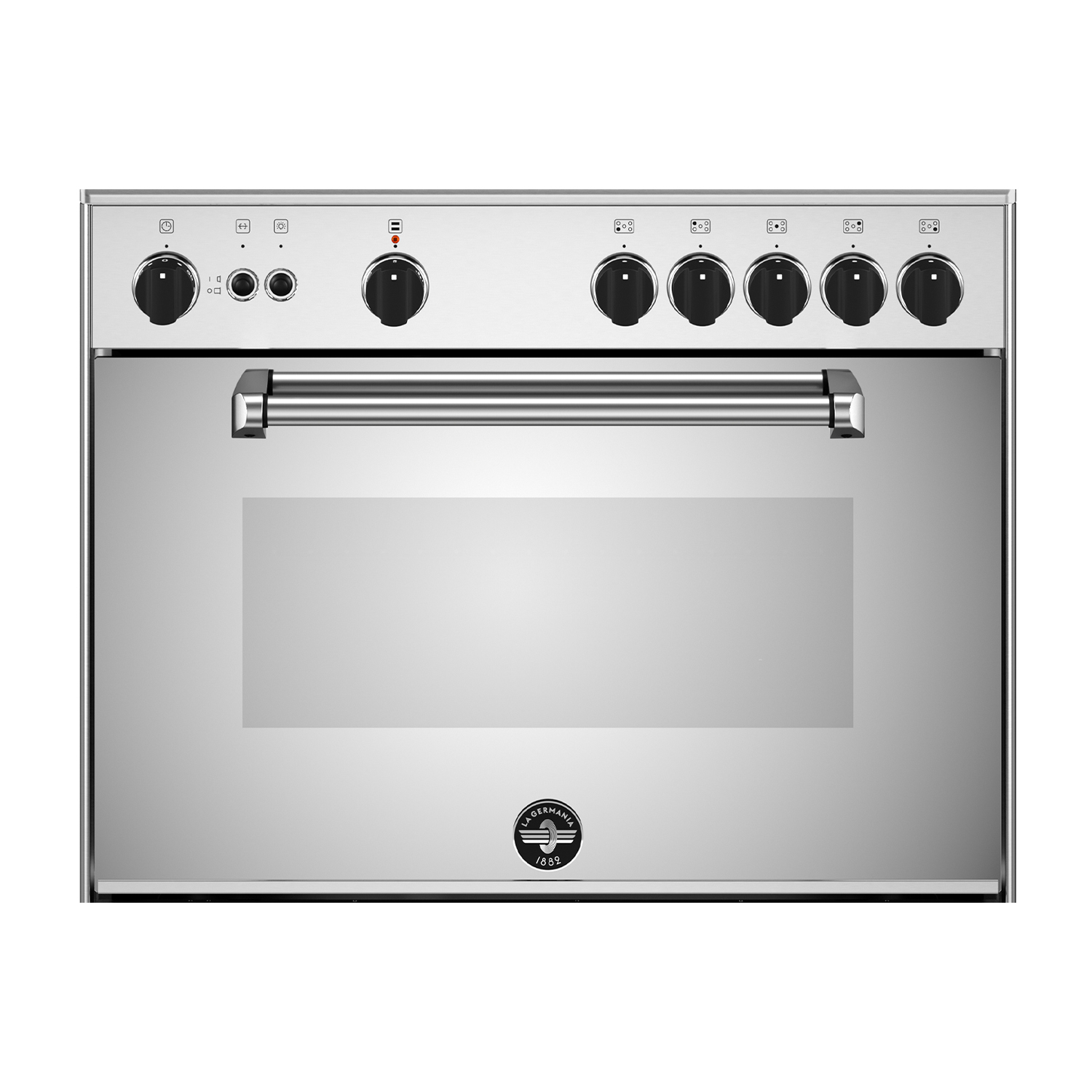 Forno in acciaio inox con manopole e maniglia nere. Il marchio è visibile.