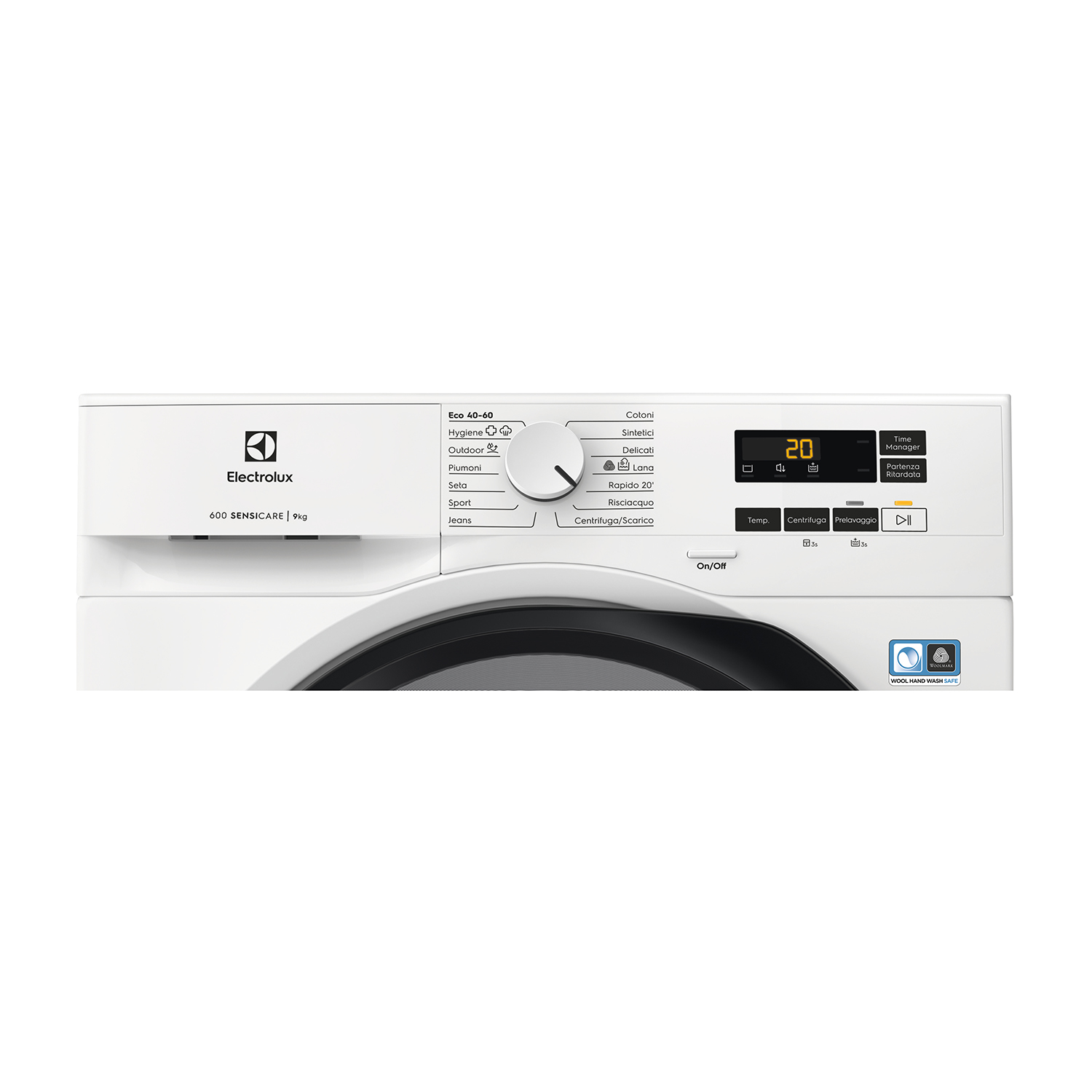 Un pannello di controllo bianco di una lavatrice Electrolux con più impostazioni e un display.