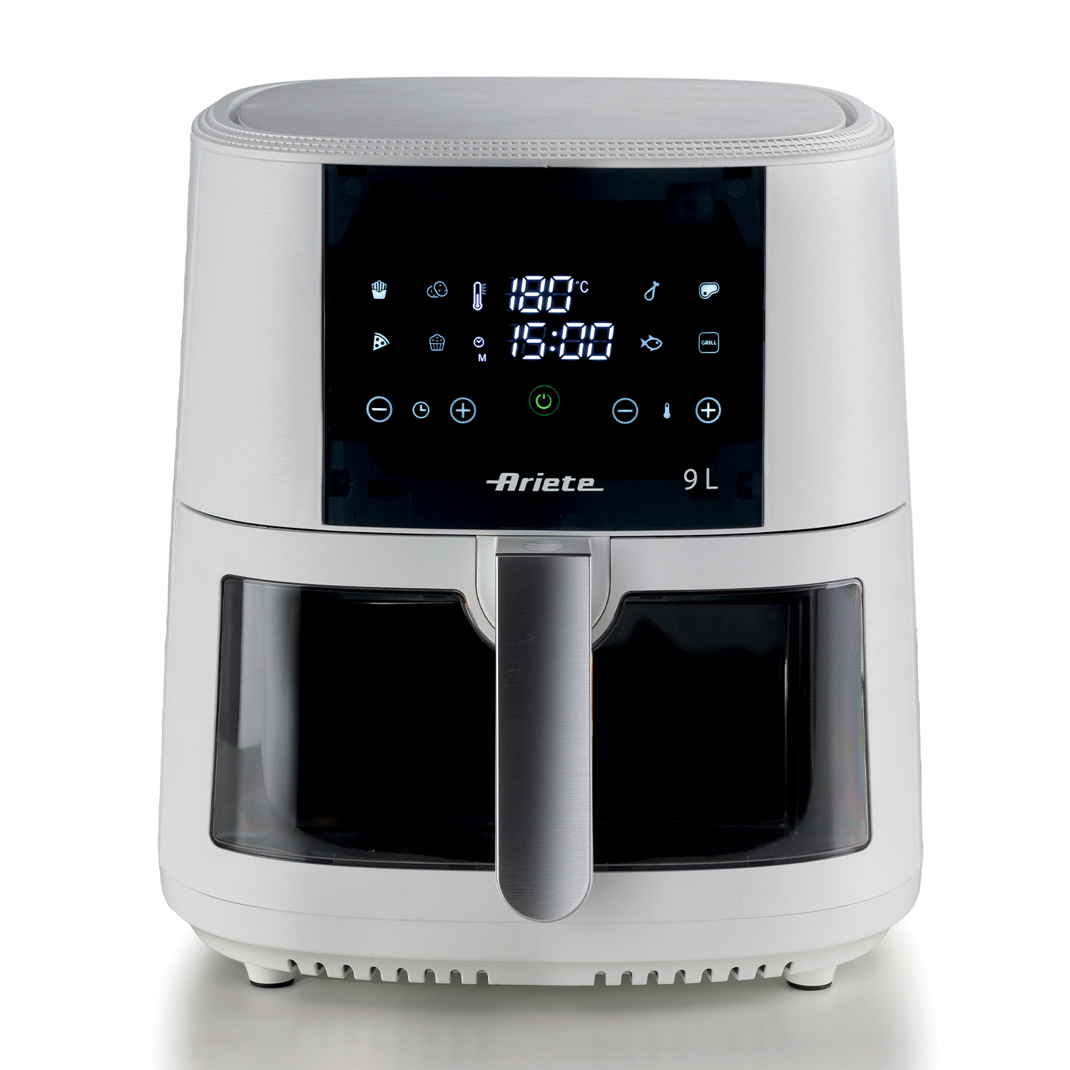 Friggitrice ad aria bianca con display digitale 180°C e 15:00. Capacità di 9L.
