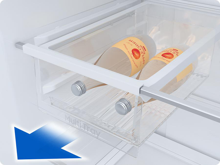 Eine Kühlschublade mit zwei Flaschen Apfelwein. Die Schublade ist transparent.