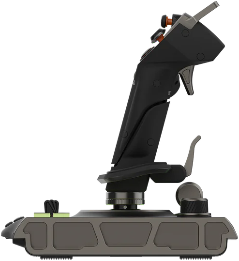 Schwarzer und grauer Joystick für Flugsimulator, auf schwarzem Hintergrund. Der Joystick ist abgewinkelt.