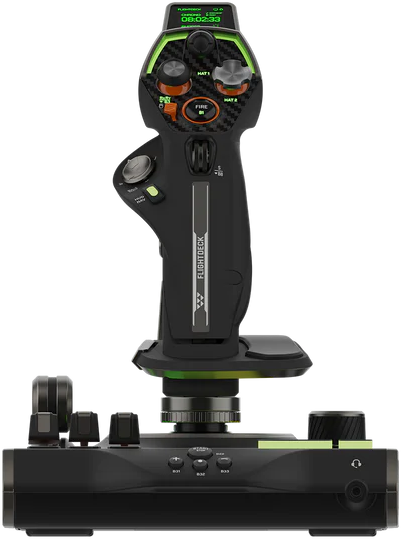 Schwarzer und grüner Flightstick mit Knöpfen, einem kleinen Display und einer Basis mit zusätzlichen Bedienelementen.