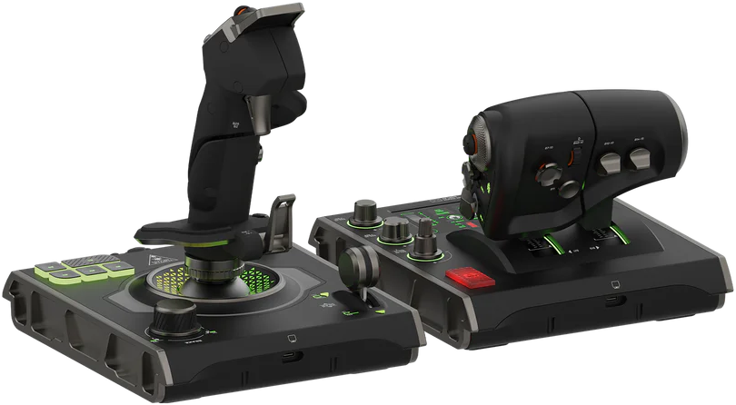 Gaming-Steuerungssatz vor schwarzem Hintergrund. Enthält Joystick und Schubregler.