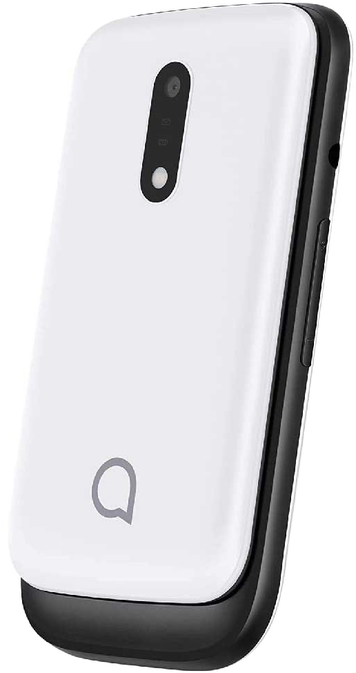 Egy fehér és fekete kagylótelefon kamerával és Alcatel logóval.
