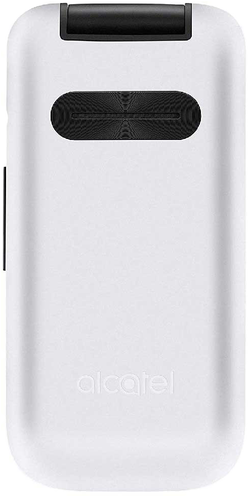 Fehér kagylótelefon Alcatel logóval. Zárt állapotban, fekete betéttel.