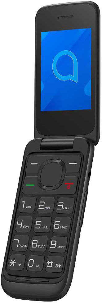 Fekete Alcatel kagylótelefon nyitott képernyővel, logót mutatva.