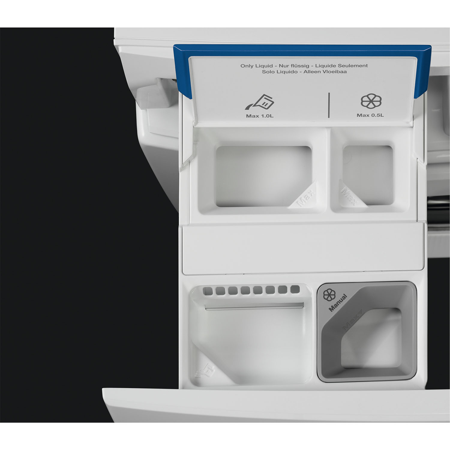 Dispenser del detersivo per lavatrice. Mostra scomparti per detersivo liquido e in polvere.