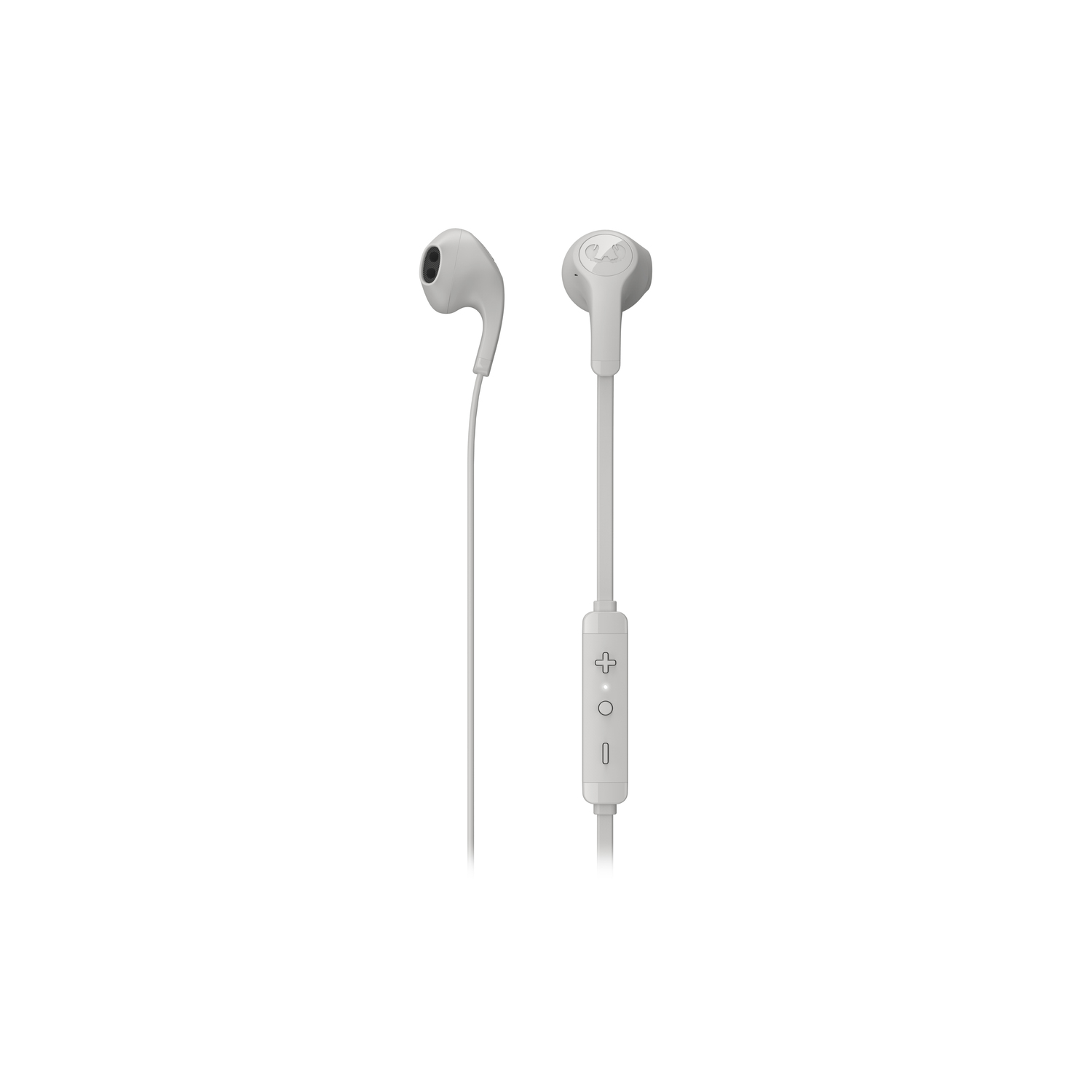 Pair of white earbuds with a control module and white cable against a white background.