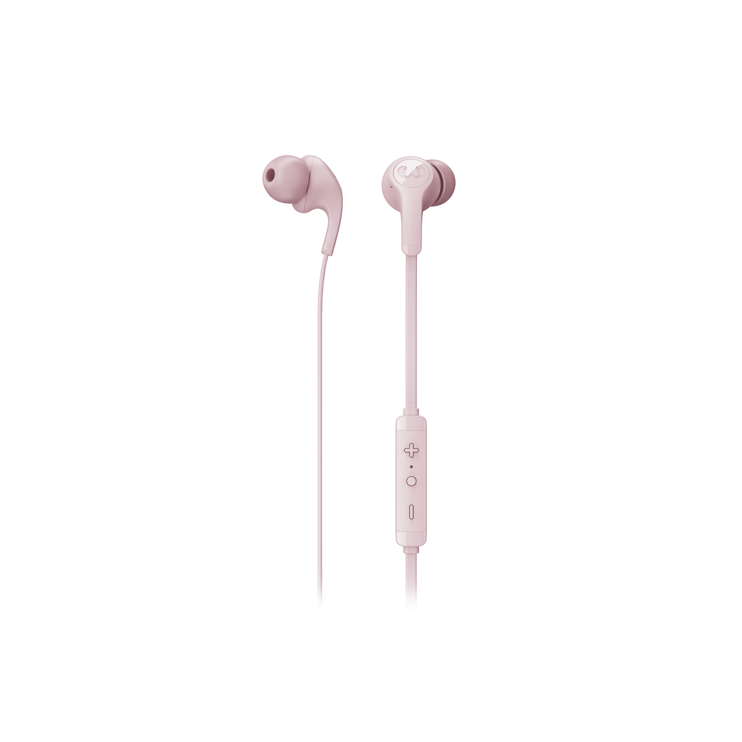 Roze in-ear oortelefoons met een bedieningsknop op het snoer.