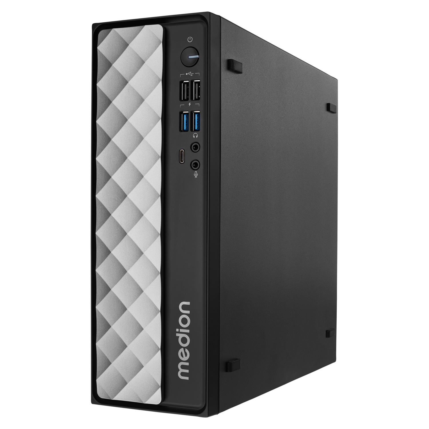 Een zwarte computertoren met een wit zijpaneel met diamantpatroon en het 'medion'-logo.