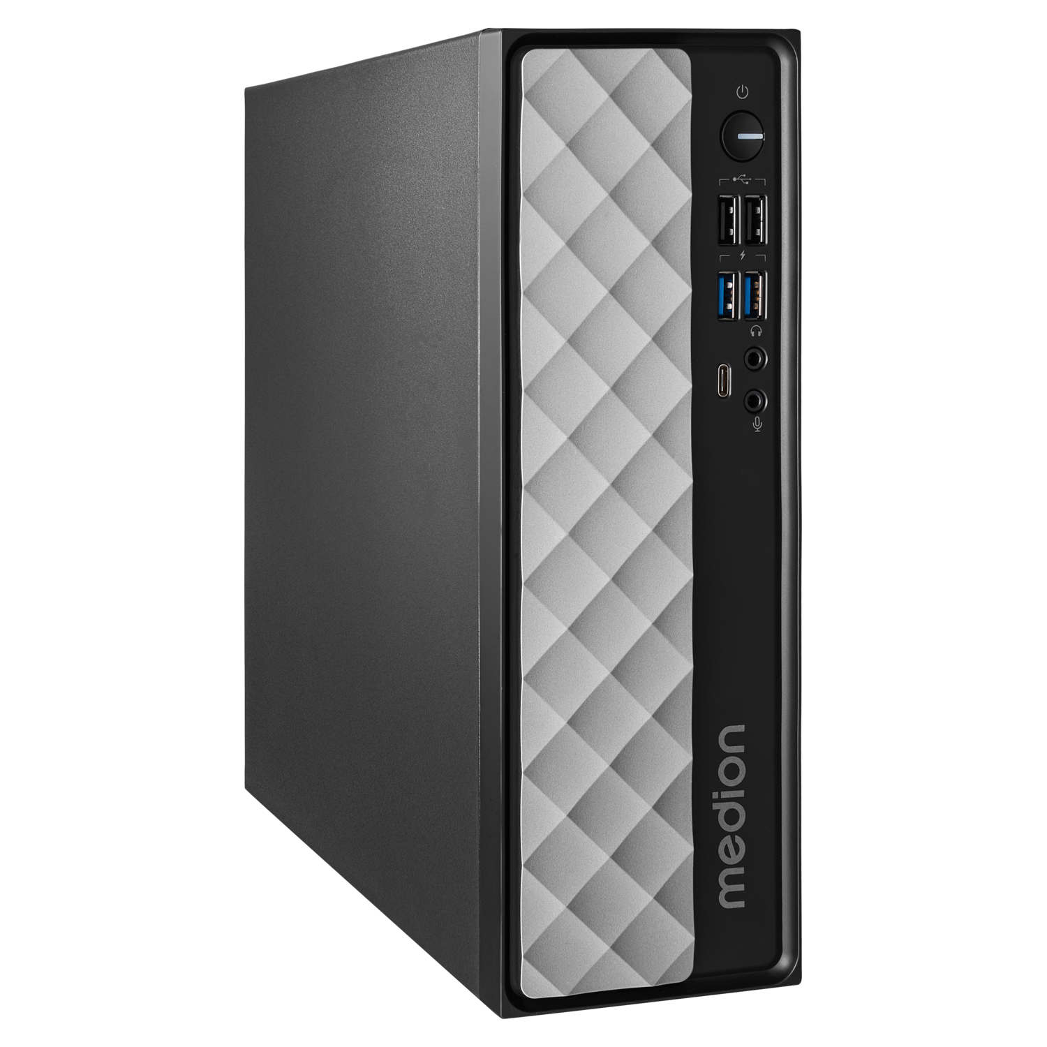 Een zwarte computertoren met een zilverkleurig paneel met patroon aan de voorkant.