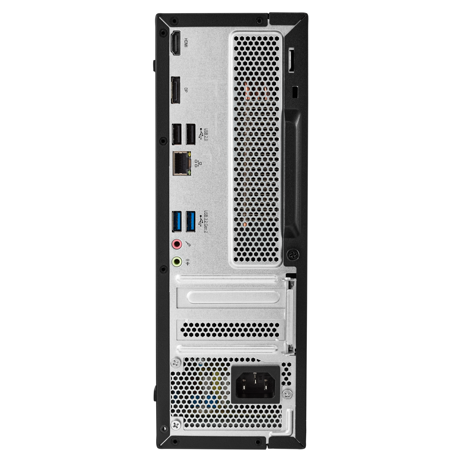 De achterkant van een zwarte computer. Het heeft verschillende poorten, een ventilator en een voedingspoort.