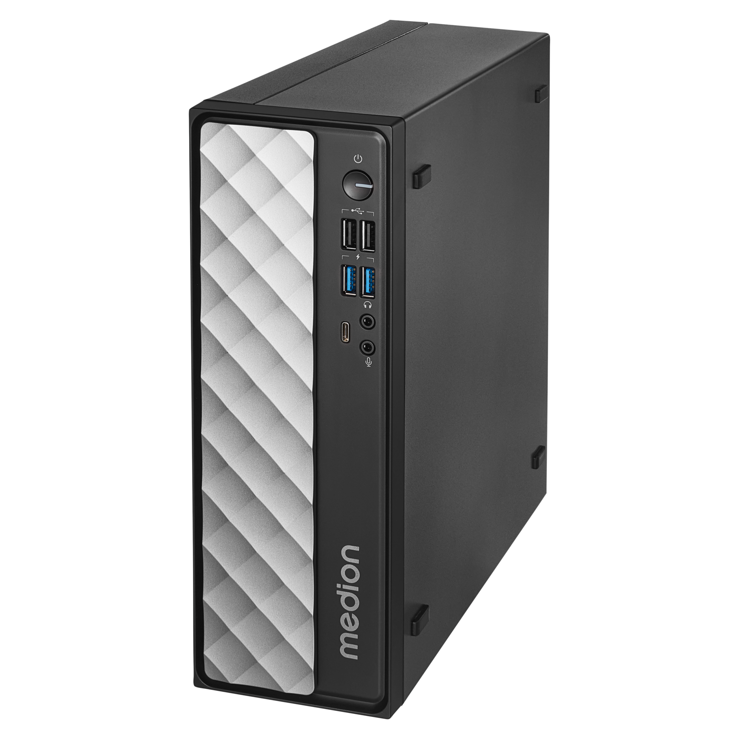 Een zwarte desktop computertoren met een wit, diamantvormig frontpaneel.