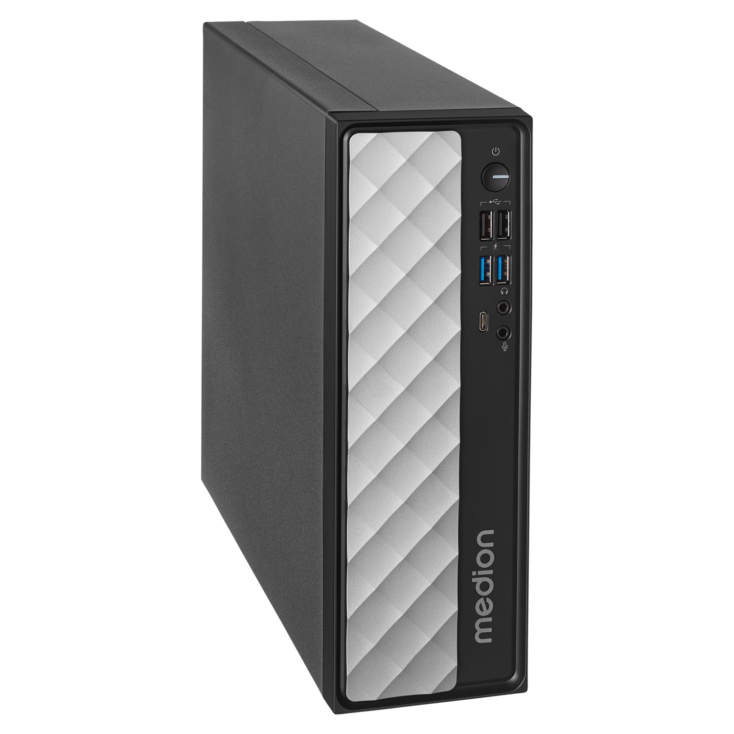Een zwarte Medion desktopcomputer met een wit frontpaneel met diamantpatroon.