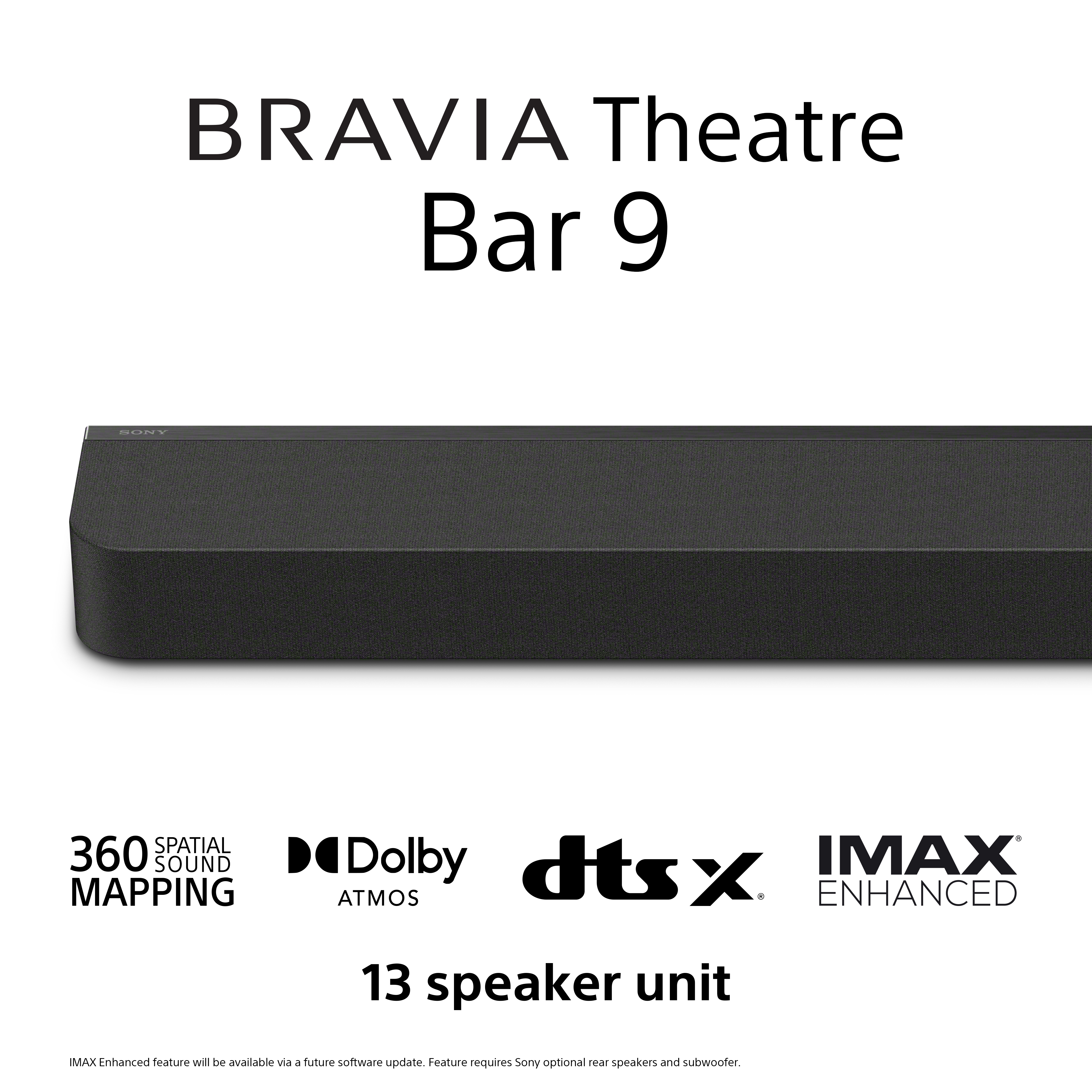 Barre de son noire avec texte 'BRAVIA Theatre Bar 9', logos des fonctionnalités audio et '13 speaker unit'.