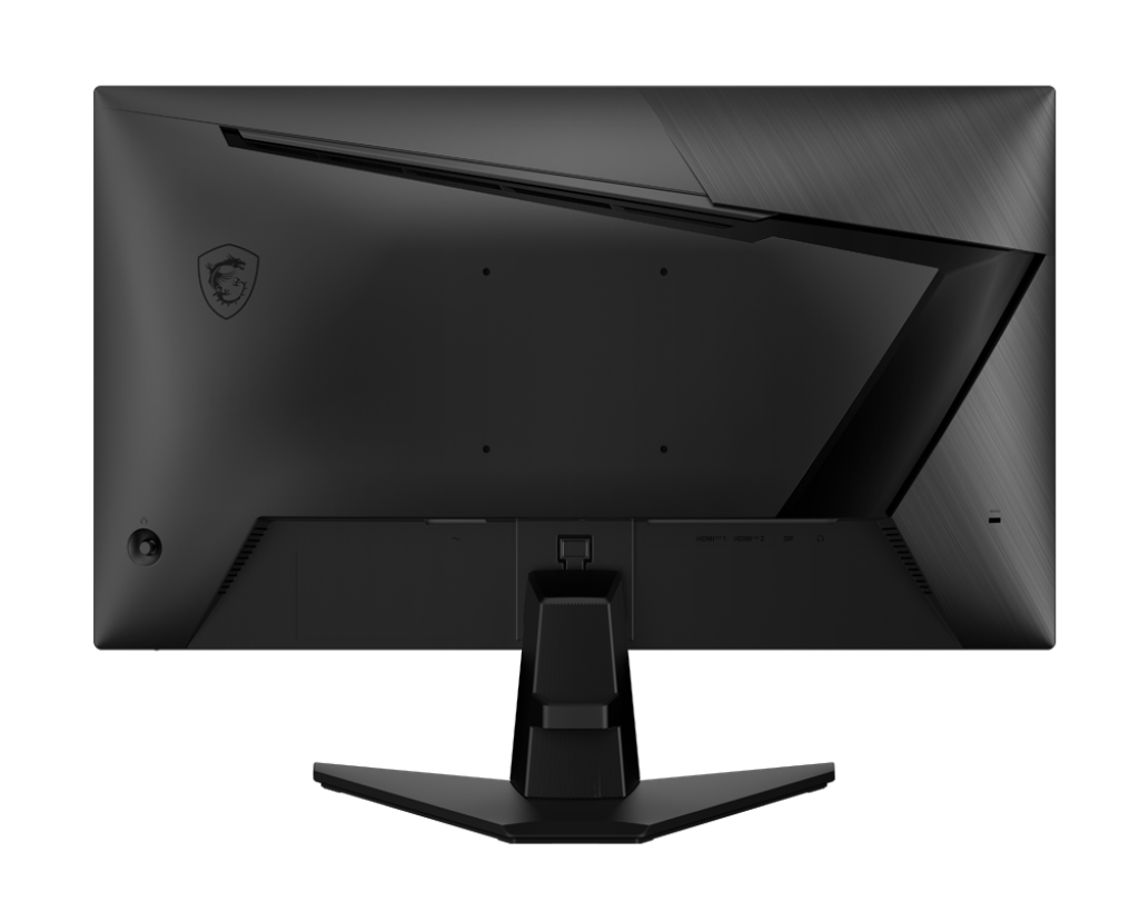 Parte trasera de un monitor negro. Tiene un soporte, puertos y el logotipo de MSI.