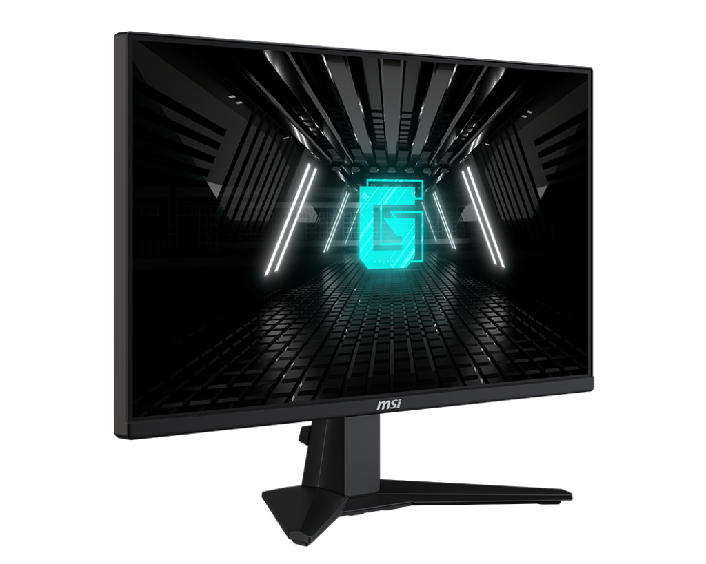 Monitor gaming MSI sobre fondo negro, mostrando un túnel digital futurista con un logo brillante.