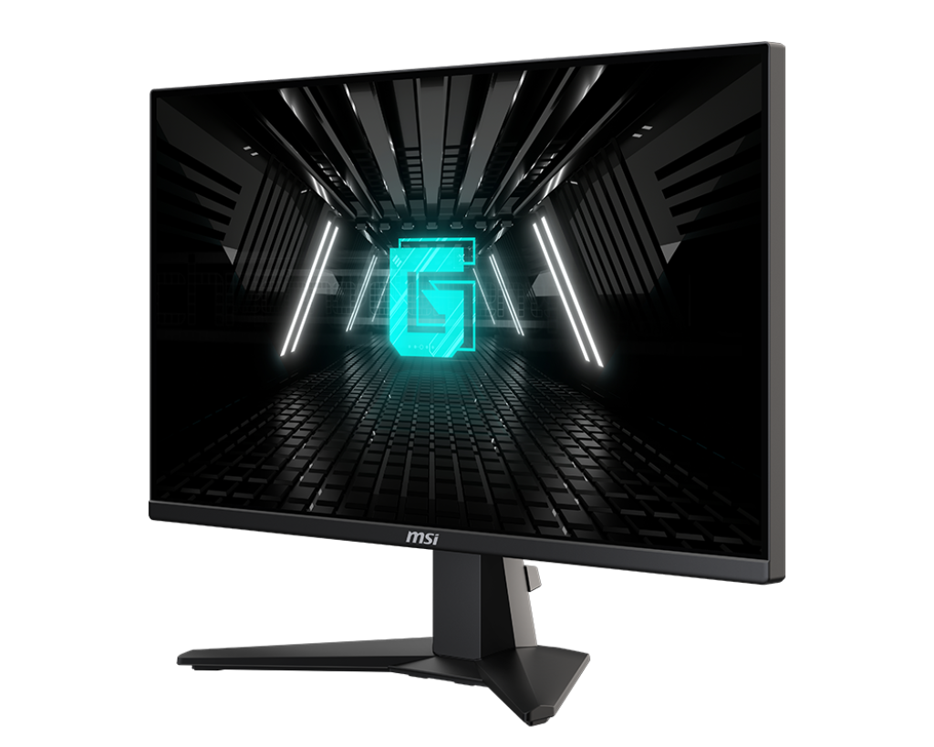 Monitor de juegos negro con un diseño futurista sobre un fondo negro.