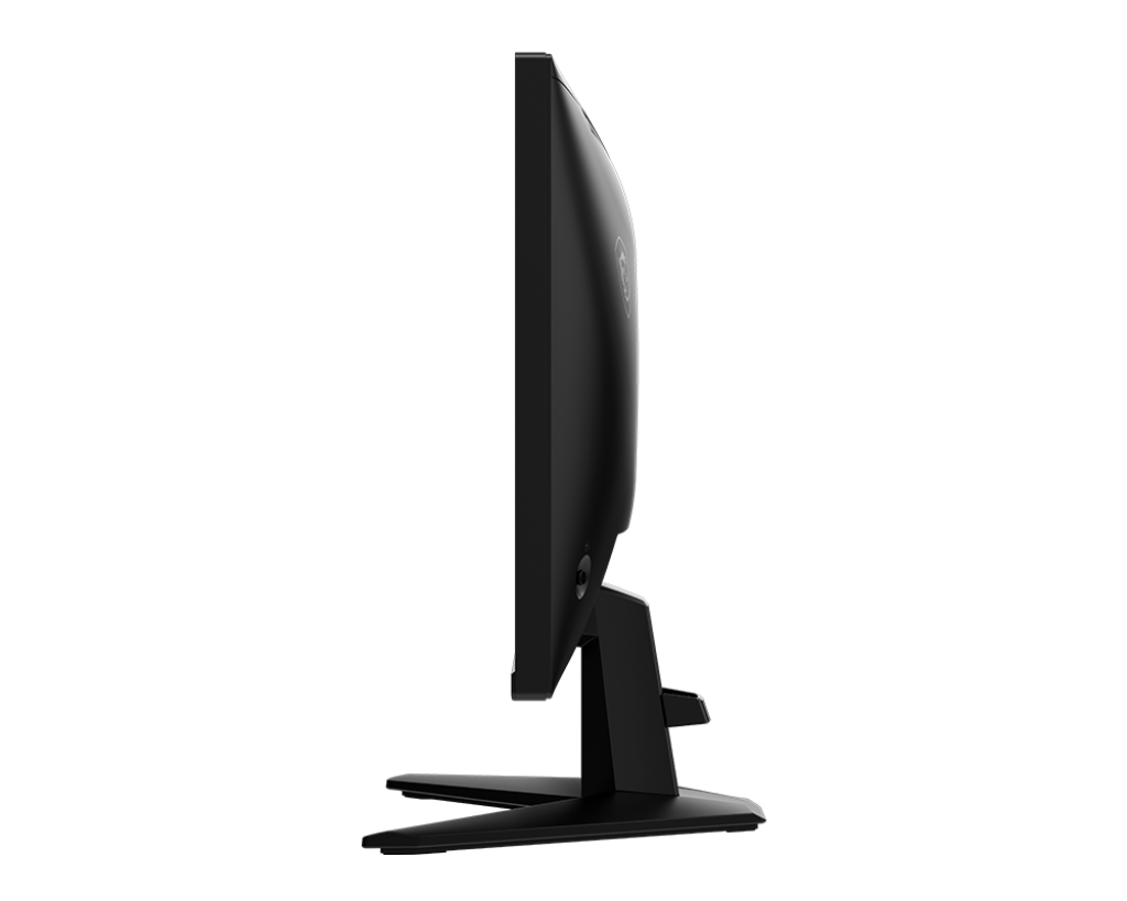 Vista lateral de un monitor negro. Diseño elegante, soporte visible, sobre fondo negro.