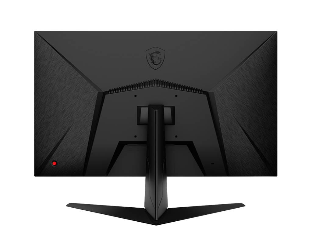 Vista trasera de monitor negro. Logo MSI arriba. Luz roja abajo a la izquierda.