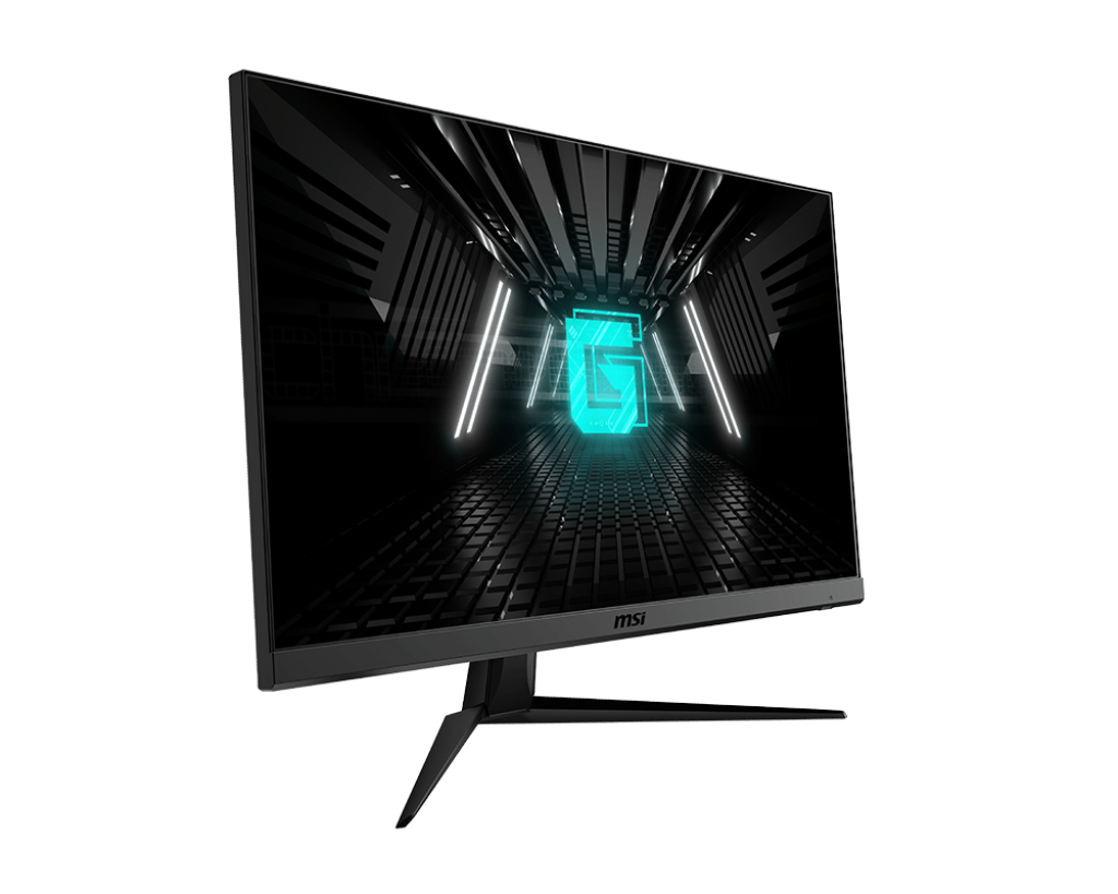 Un monitor MSI negro que muestra un túnel futurista con un logotipo G turquesa sobre fondo negro.