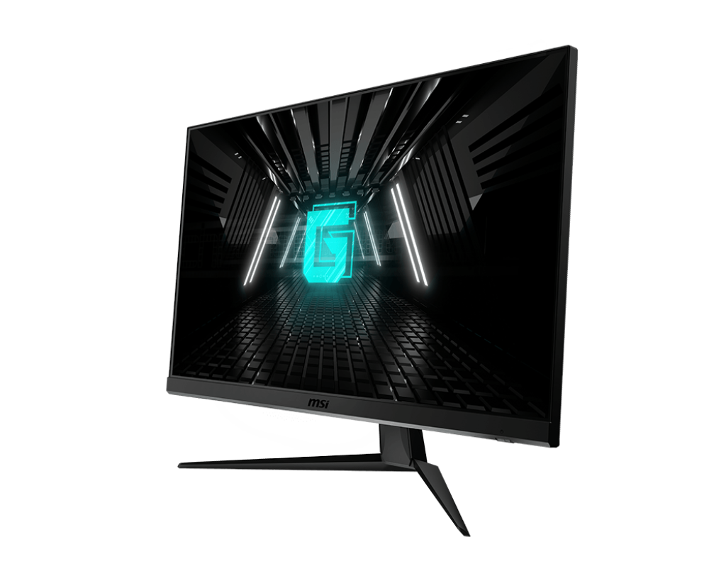 Monitor de juegos con un logo G brillante sobre un fondo oscuro y futurista.