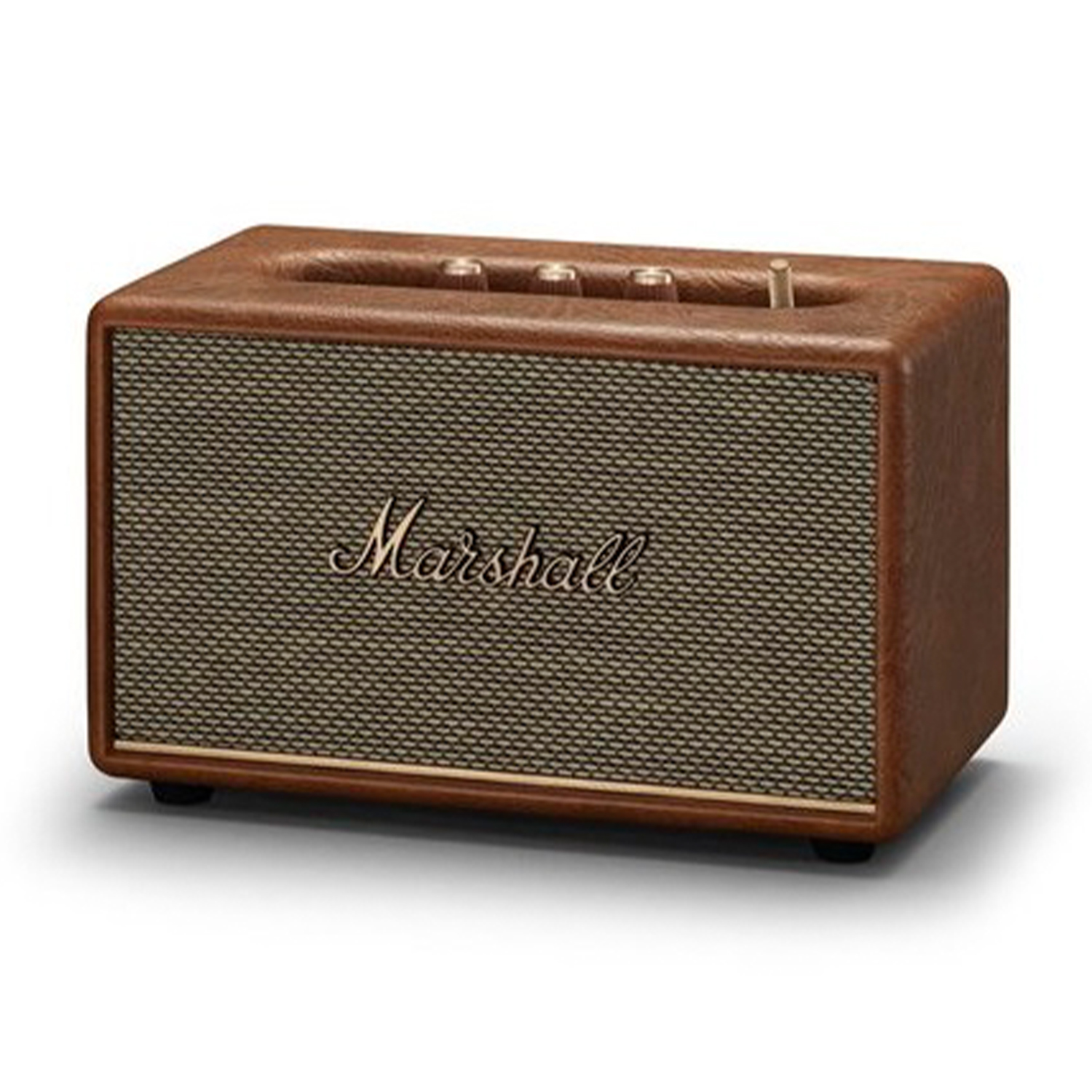 Altoparlante Marshall marrone su una superficie bianca, con il logo Marshall visibile.