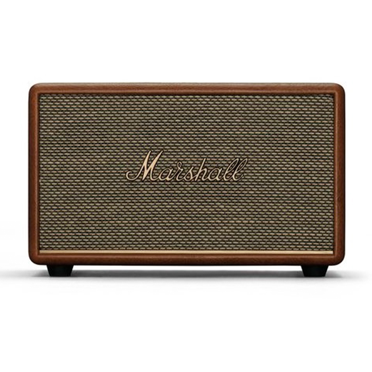 Altoparlante Marshall marrone con logo Marshall dorato, vista frontale.