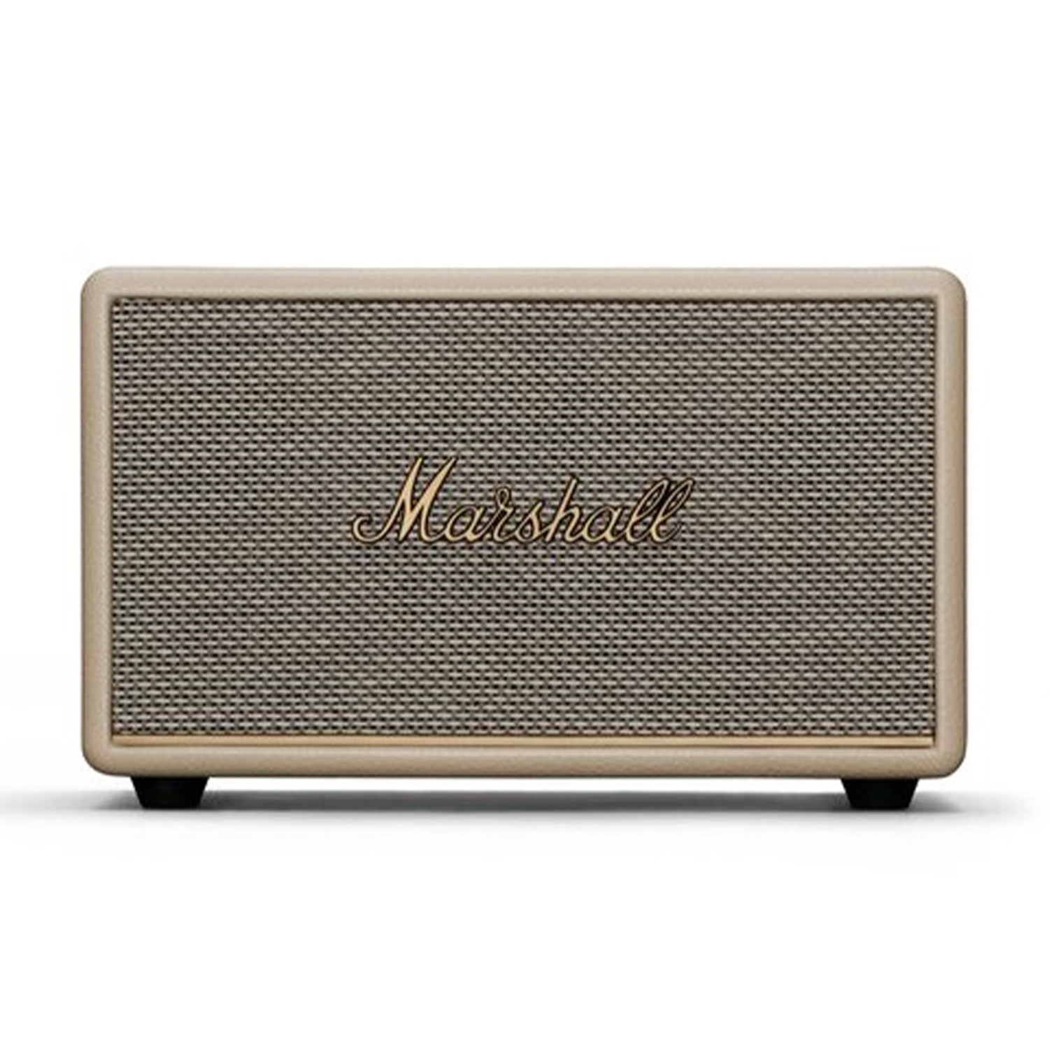Altoparlante Marshall beige con logo Marshall dorato, vista frontale.