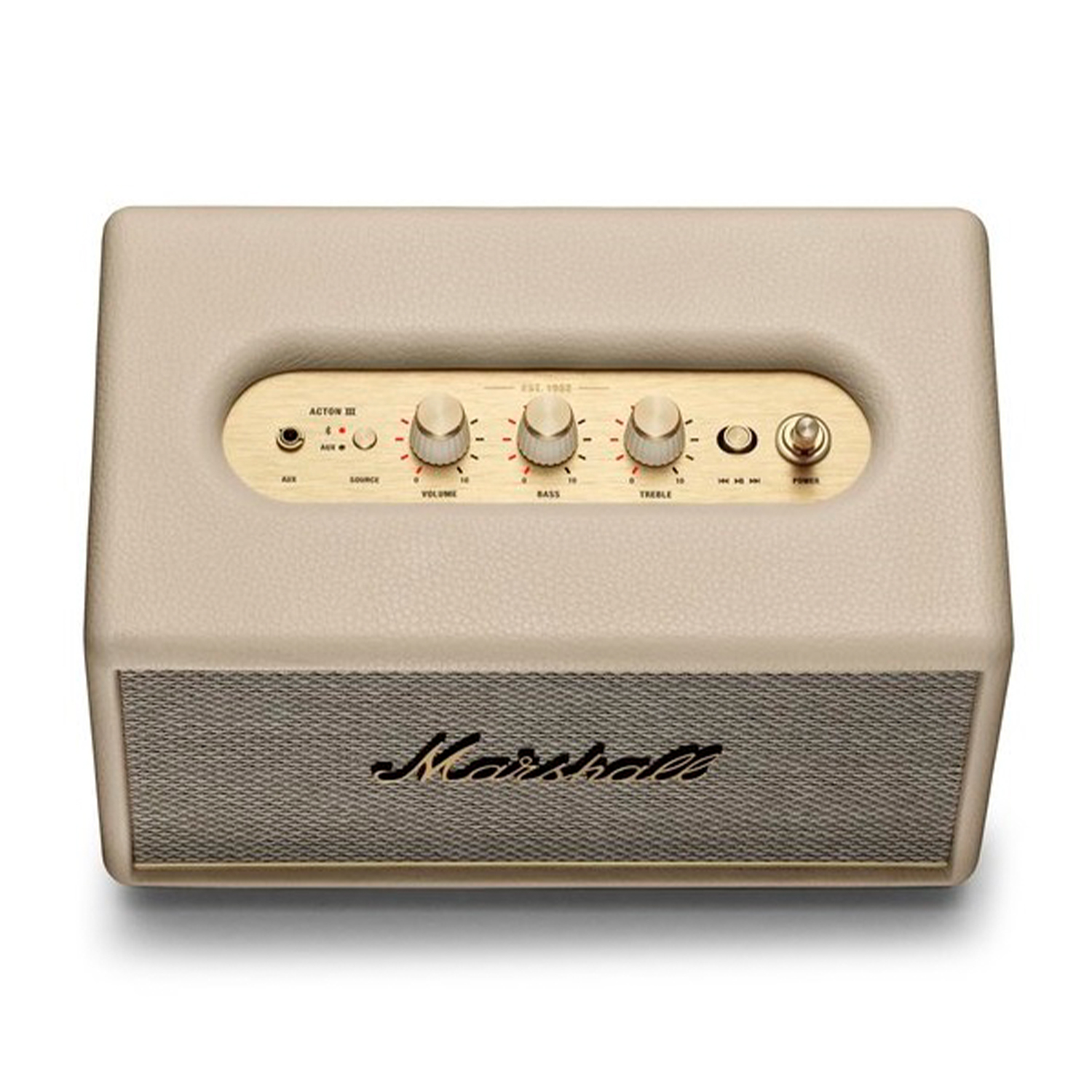 Altoparlante Marshall beige dall'alto, con manopole di controllo e una parte anteriore a rete. Sfondo bianco.