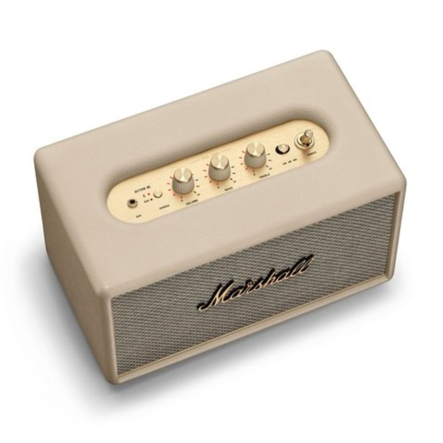 Altoparlante Marshall beige con manopole e una griglia.