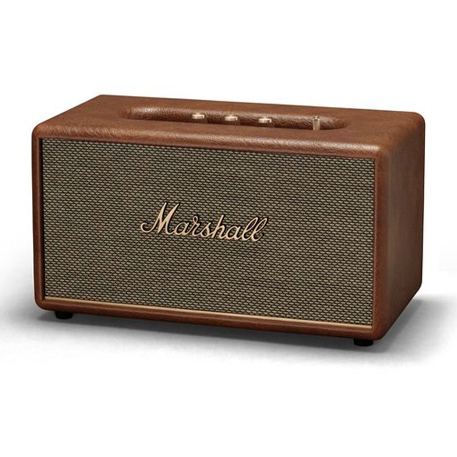Altoparlante Marshall marrone con testo Marshall dorato sul davanti. Ha una copertura per altoparlante a rete.