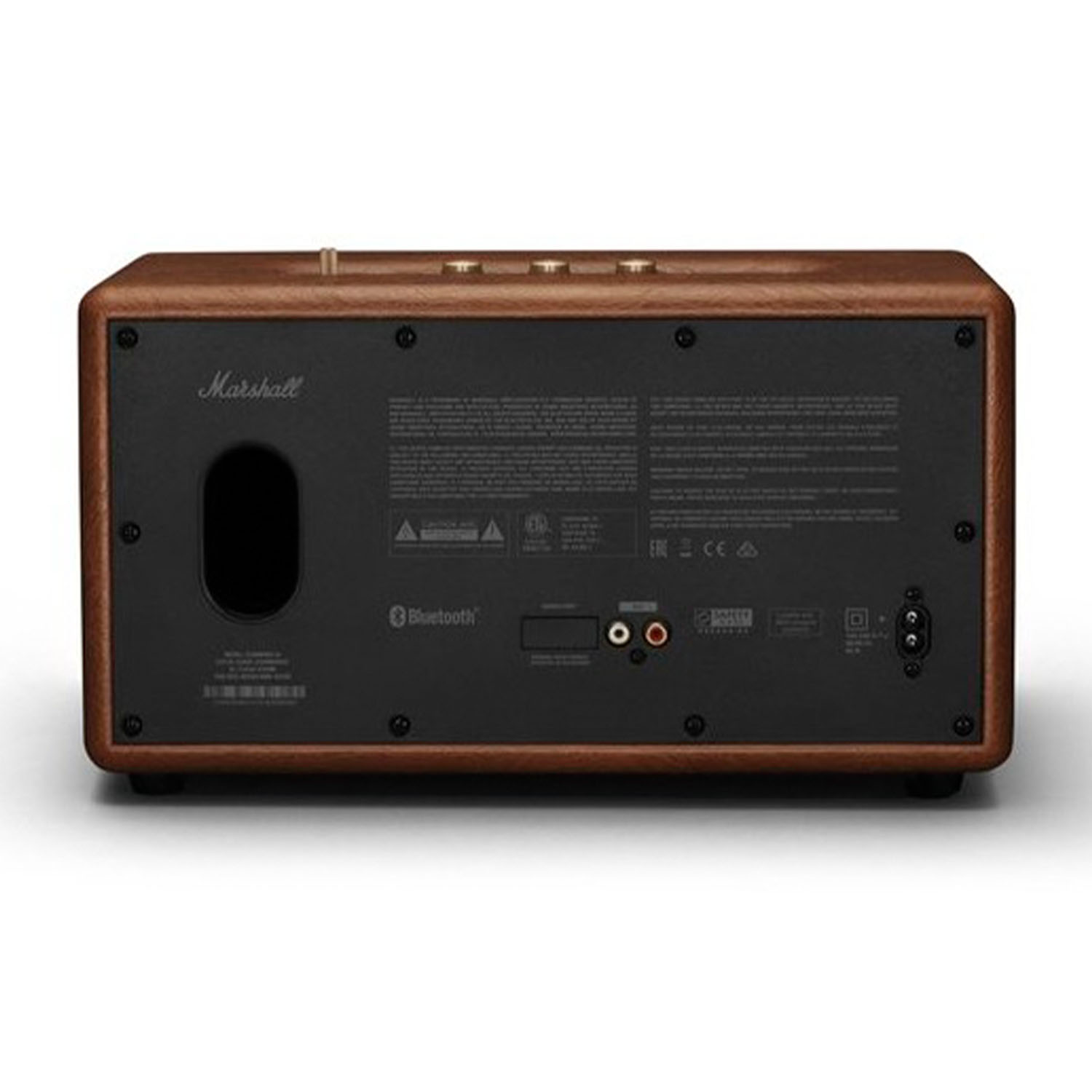 Retro di un altoparlante Marshall marrone con pannello nero, vari ingressi e logo Bluetooth.