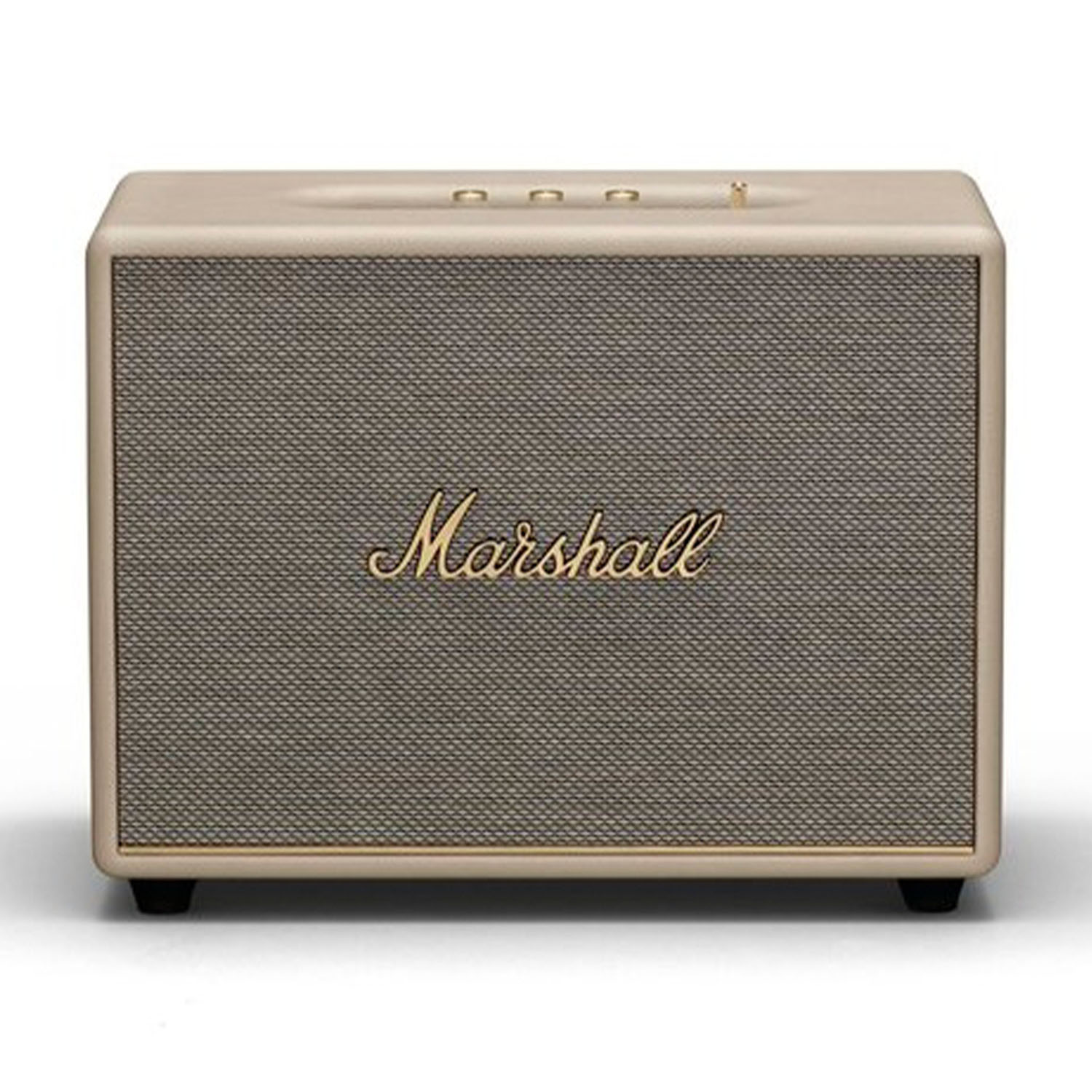Altoparlante Marshall beige con logo Marshall dorato.