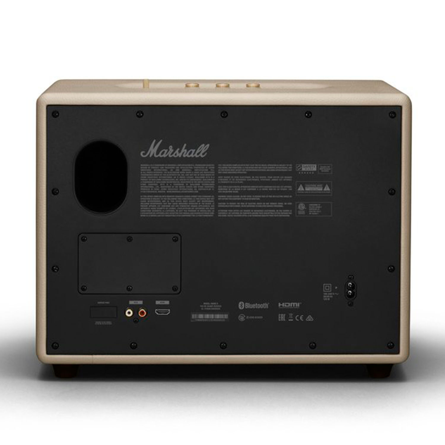 Il retro di un altoparlante Marshall, che mostra il logo Marshall, gli ingressi e altri dettagli tecnici.