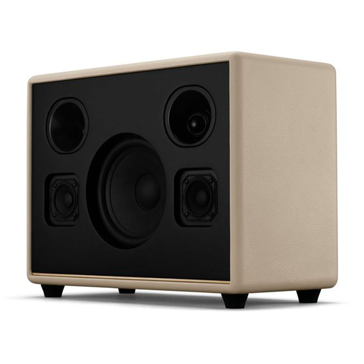 Altoparlante beige e nero con più altoparlanti. Forma quadrata, pannello frontale nero.