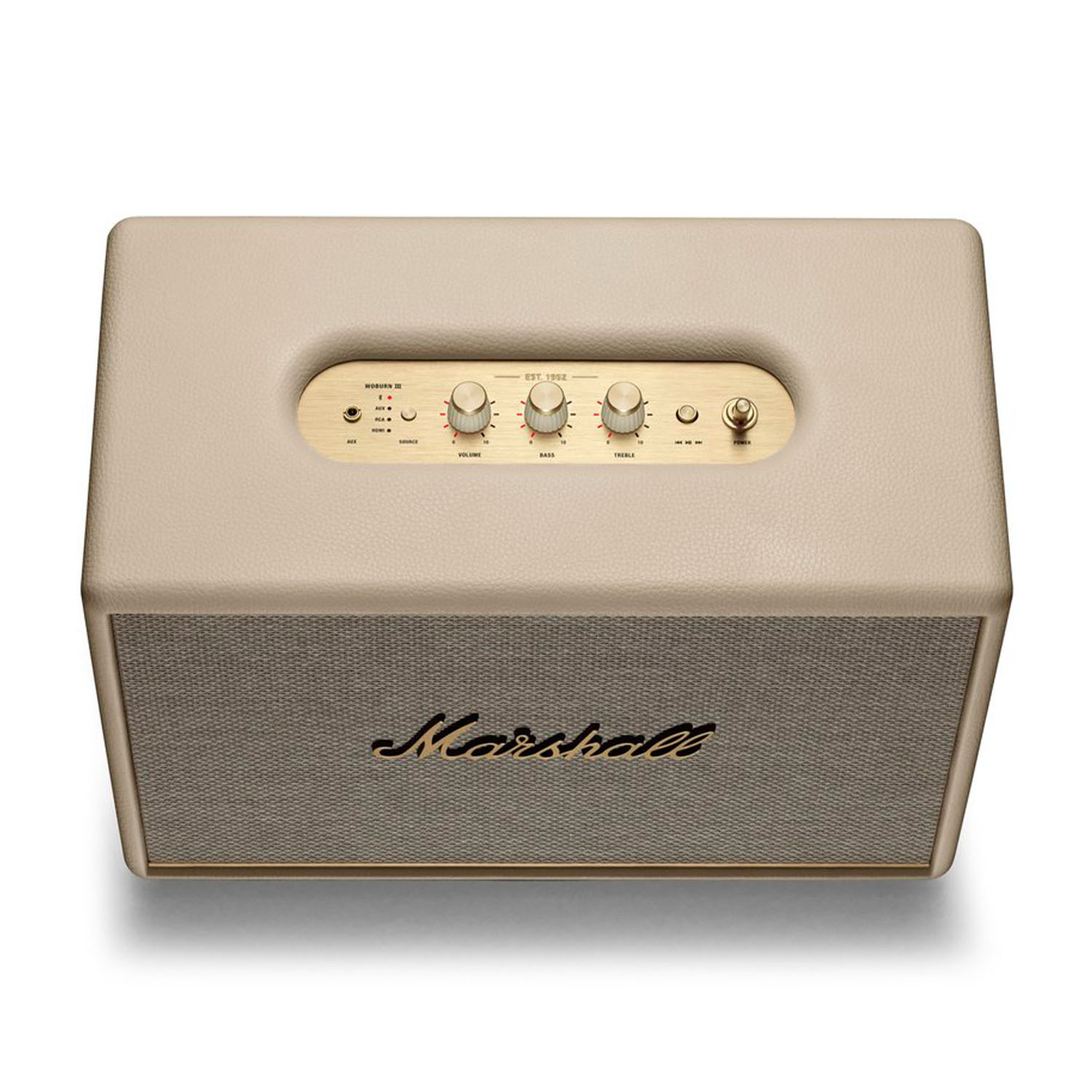 Altoparlante Marshall. Beige con accenti dorati. Controlli in alto. Griglia marrone in basso.