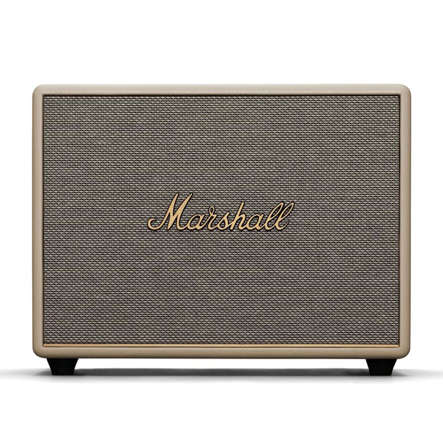 Un altoparlante rettangolare con corpo beige e logo Marshall sul davanti.