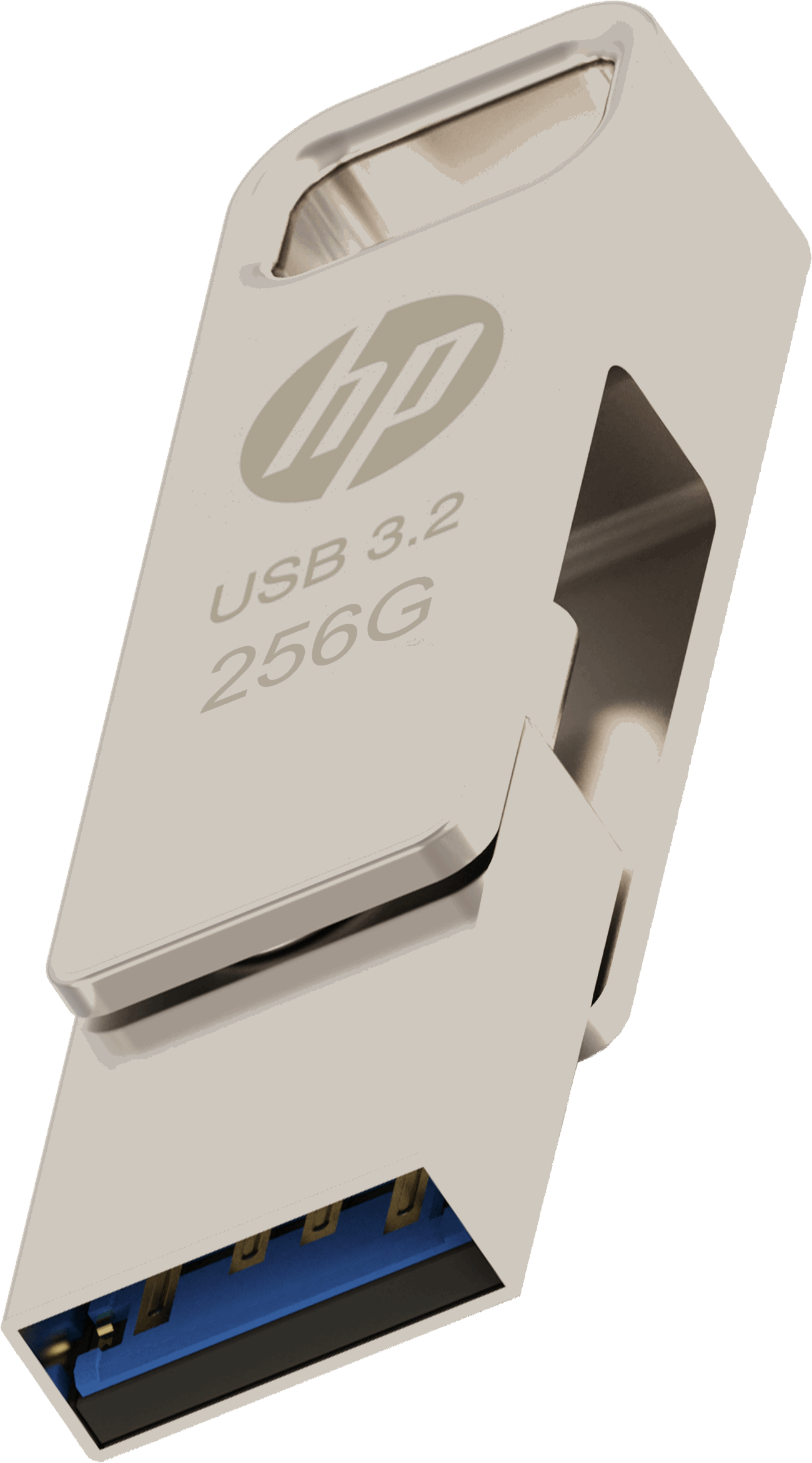 Ein silberner HP USB 3.2-Flash-Laufwerk mit blauem Anschluss.