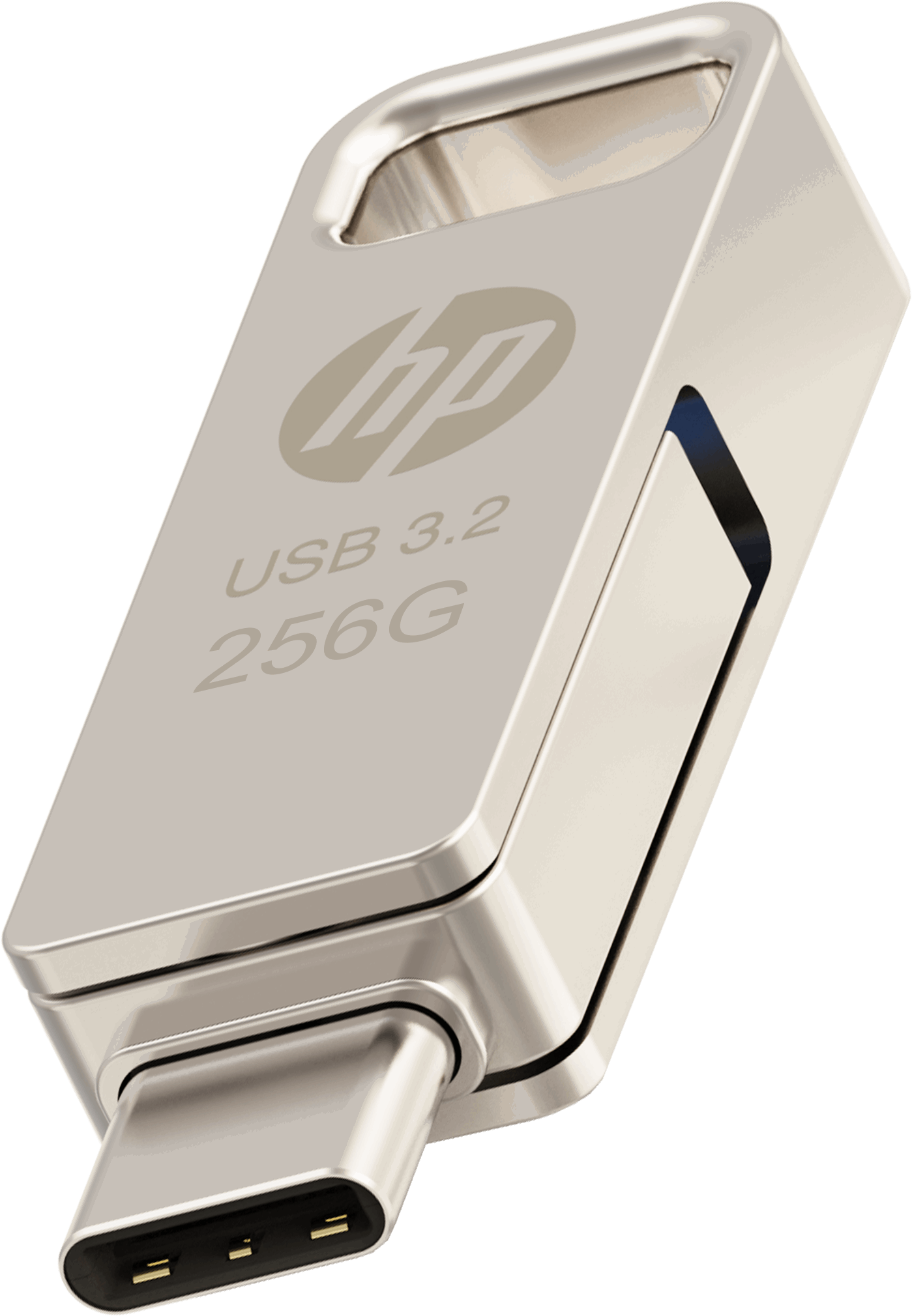 Ein silberner USB-Stick mit metallischem Finish wird vor schwarzem Hintergrund dargestellt. Er hat ein USB 3.2-Etikett.