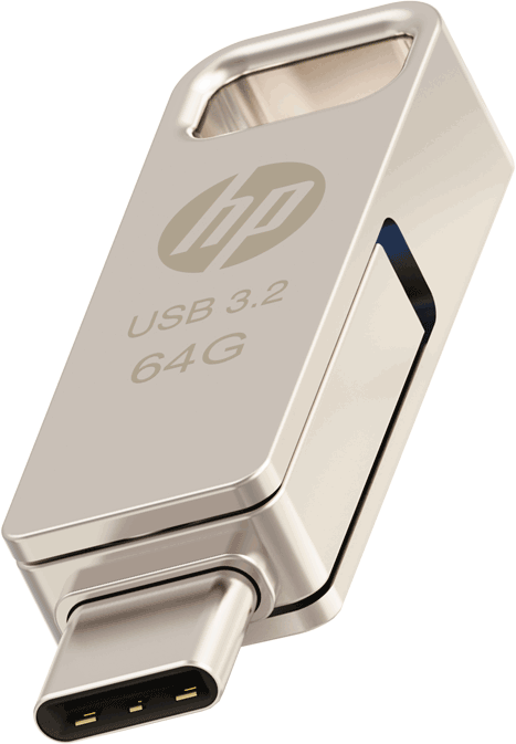 Silberner HP USB 3.2 64G-Flash-Laufwerk mit einem Typ-C-Anschluss.