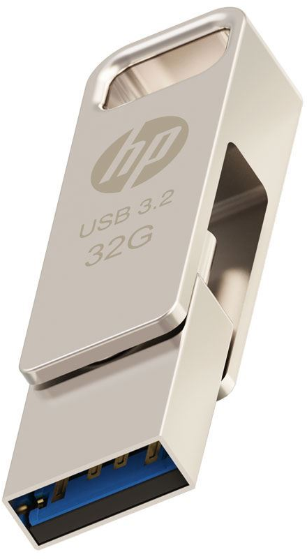 Silberner HP USB 3.2-Flash-Laufwerk mit blauem USB-Anschluss.