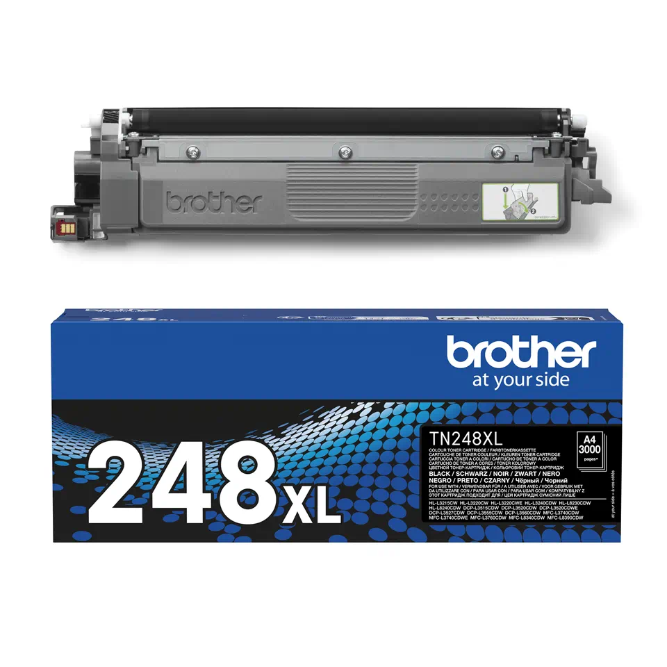 Un cartucho y caja Brother TN248XL, diseño negro y azul.