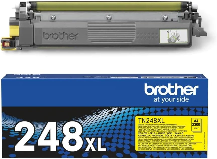 Cartucho de tóner Brother y caja. El cartucho es amarillo y negro. La caja tiene el logotipo y texto Brother.
