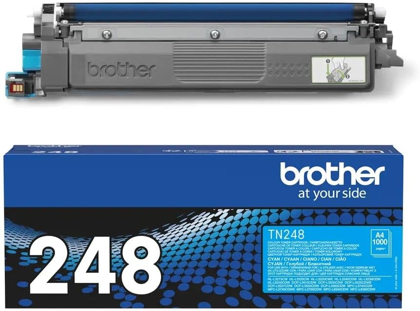 Un cartucho de tóner Brother con una caja azul que dice TN248. El cartucho de tóner es gris y azul.