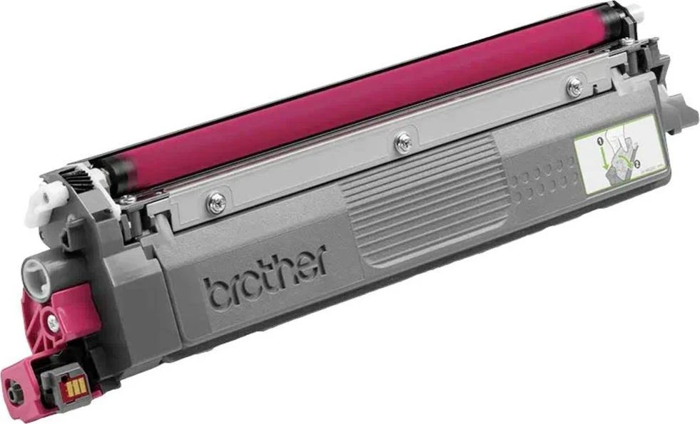 Cartucho de tóner Brother con un rodillo rosa.