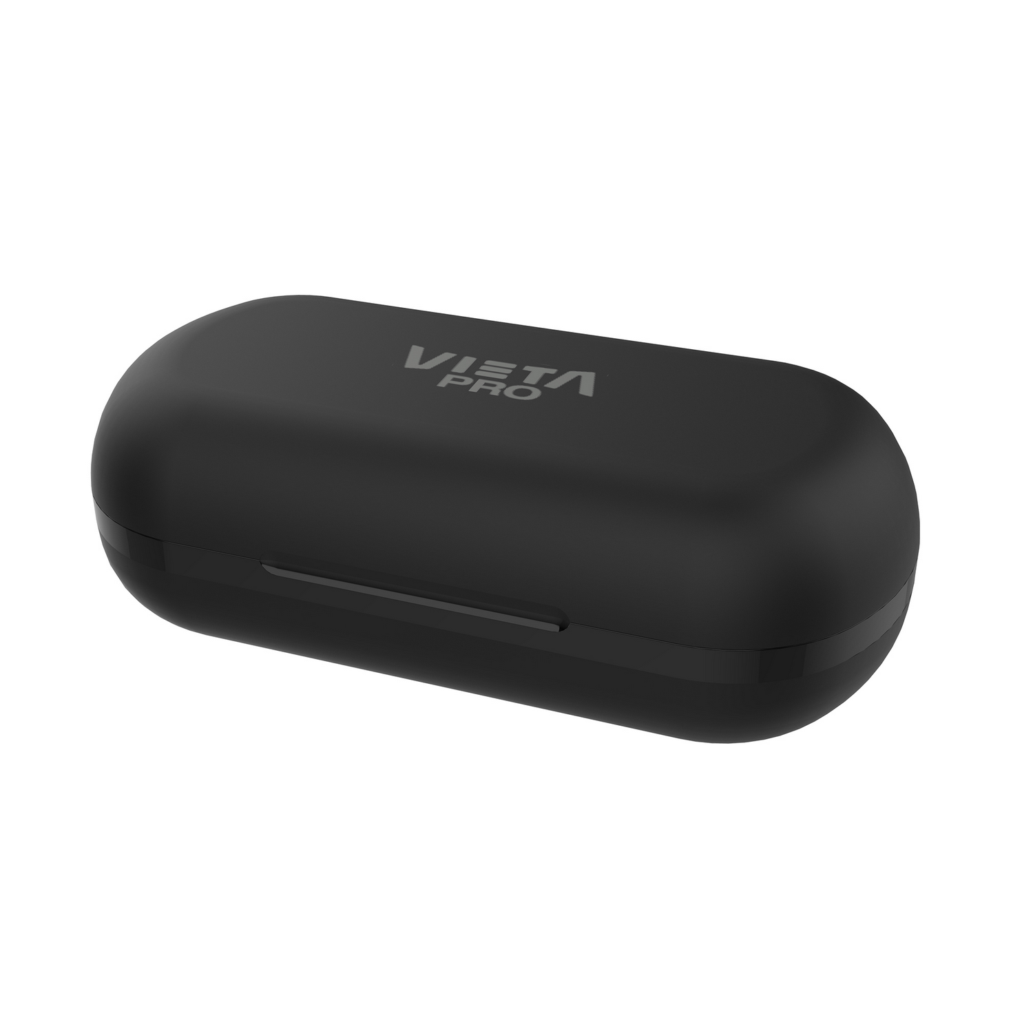 Una funda negra de forma ovalada para auriculares. La funda está cerrada, con un logotipo VISTA PRO en la parte superior.