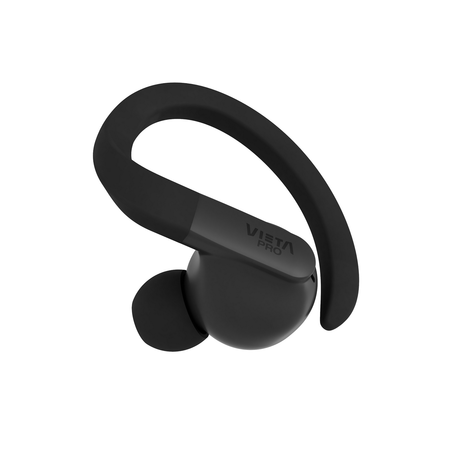 Auriculares Vista Pro negros con gancho para la oreja curvo. Diseño elegante y ergonómico para un ajuste seguro.