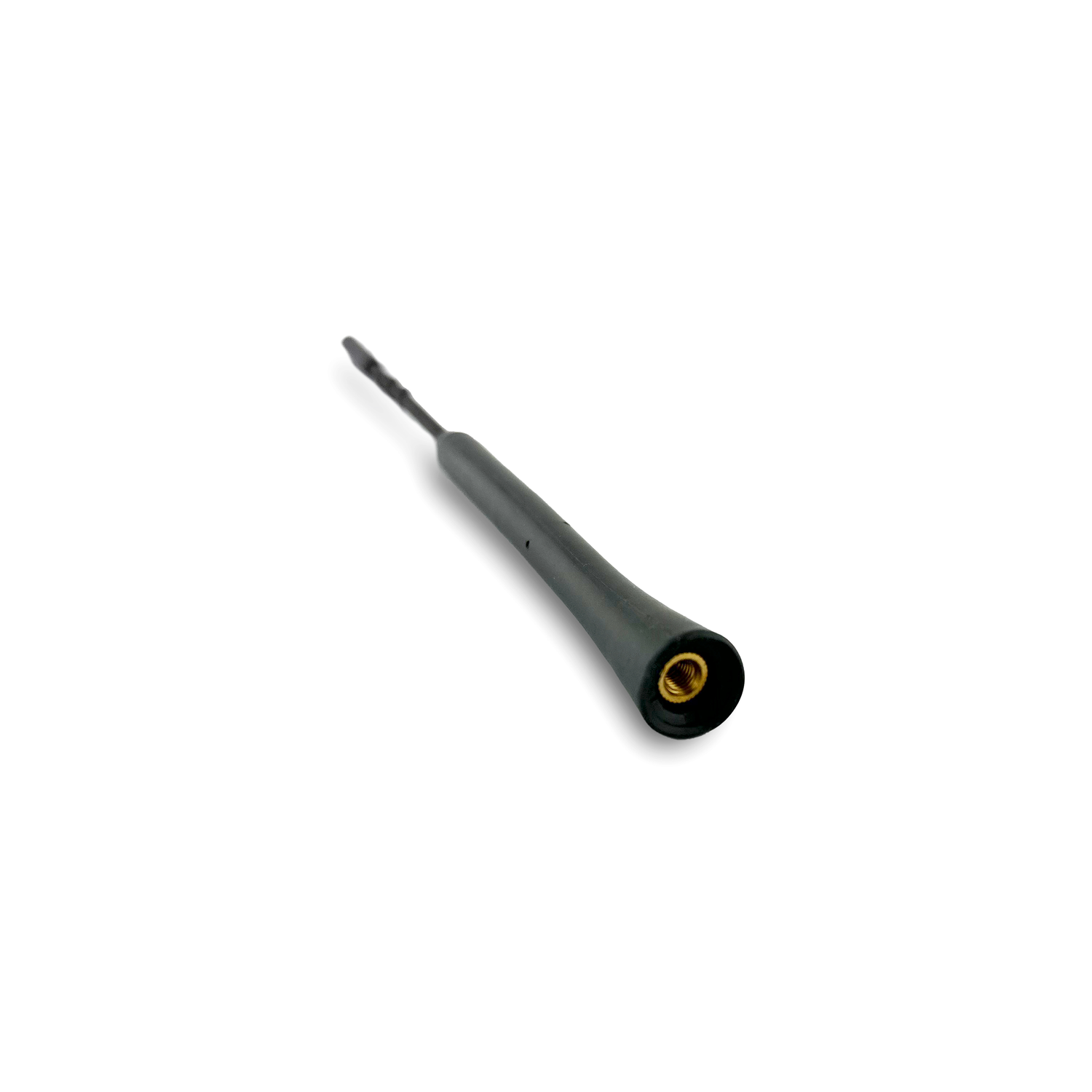 A black antenna with a long, thin rod and a gold-colored threaded base on a white background.