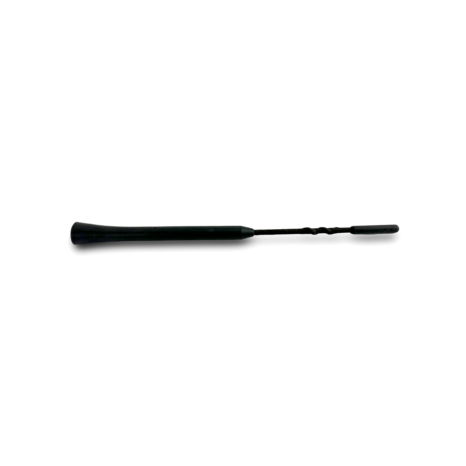 Black car antenna, thin and straight with a spiral wire end, against a white background.